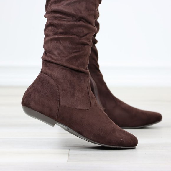Brown Thigh High Over The Knee Flat Boots Faux Suede Laced Back - Picture 6 of 14